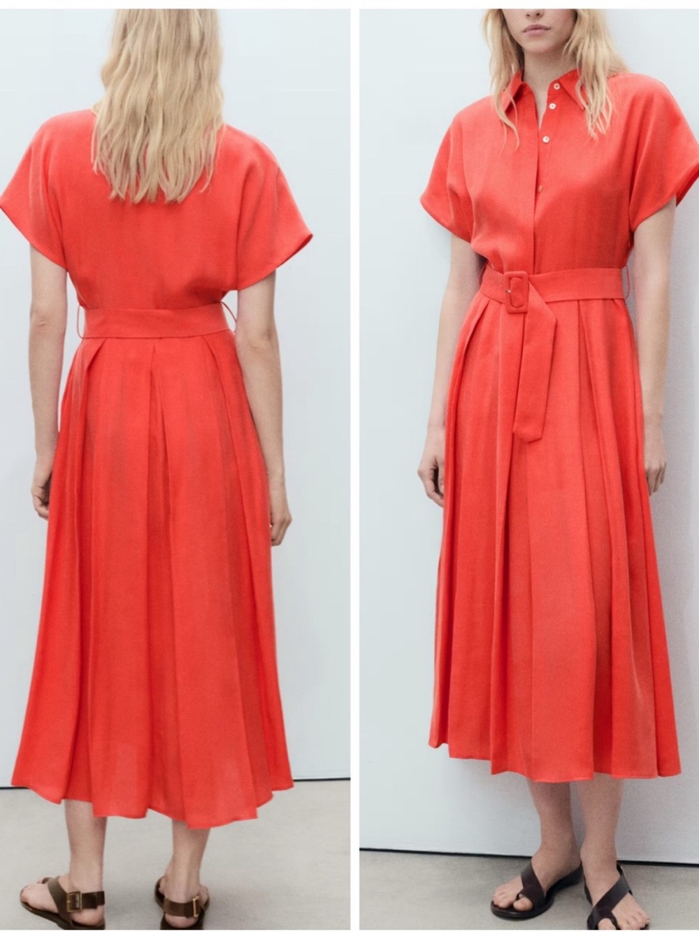 Mango Coral Red Belted Maxi Shirt Dress